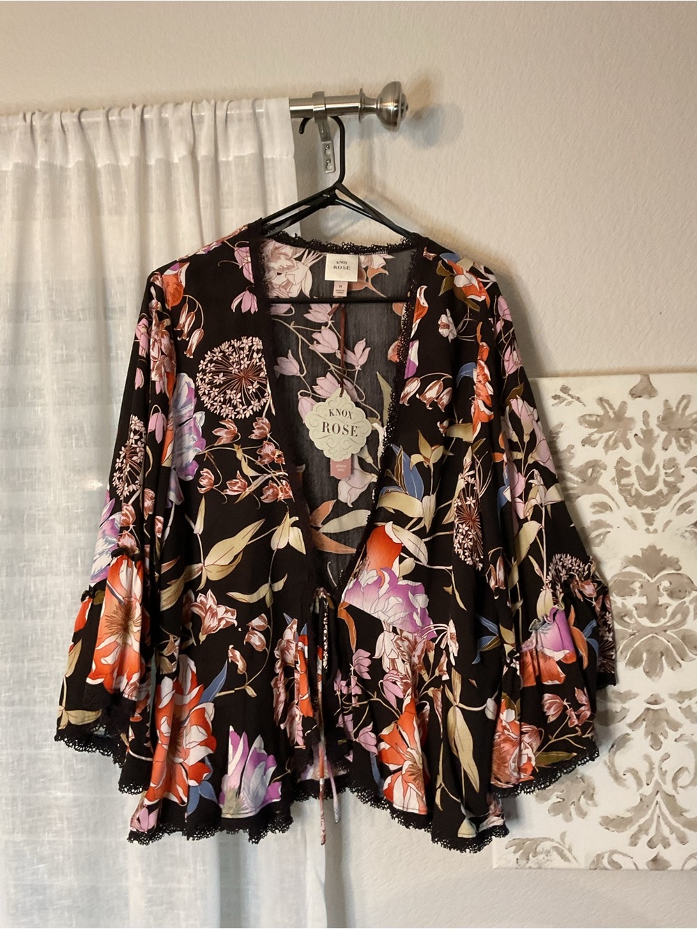 Knox Rose Black Floral Tie-Front Kimono Top